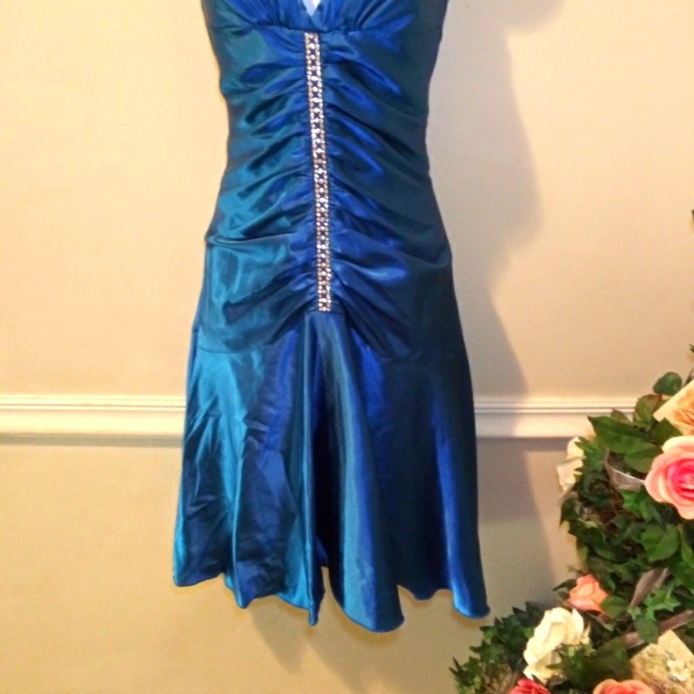 Vintage 90's Jessica McClintock Sexy Blue Satin & Rhinestone Ruched Halter Dress - Picture 3 of 11
